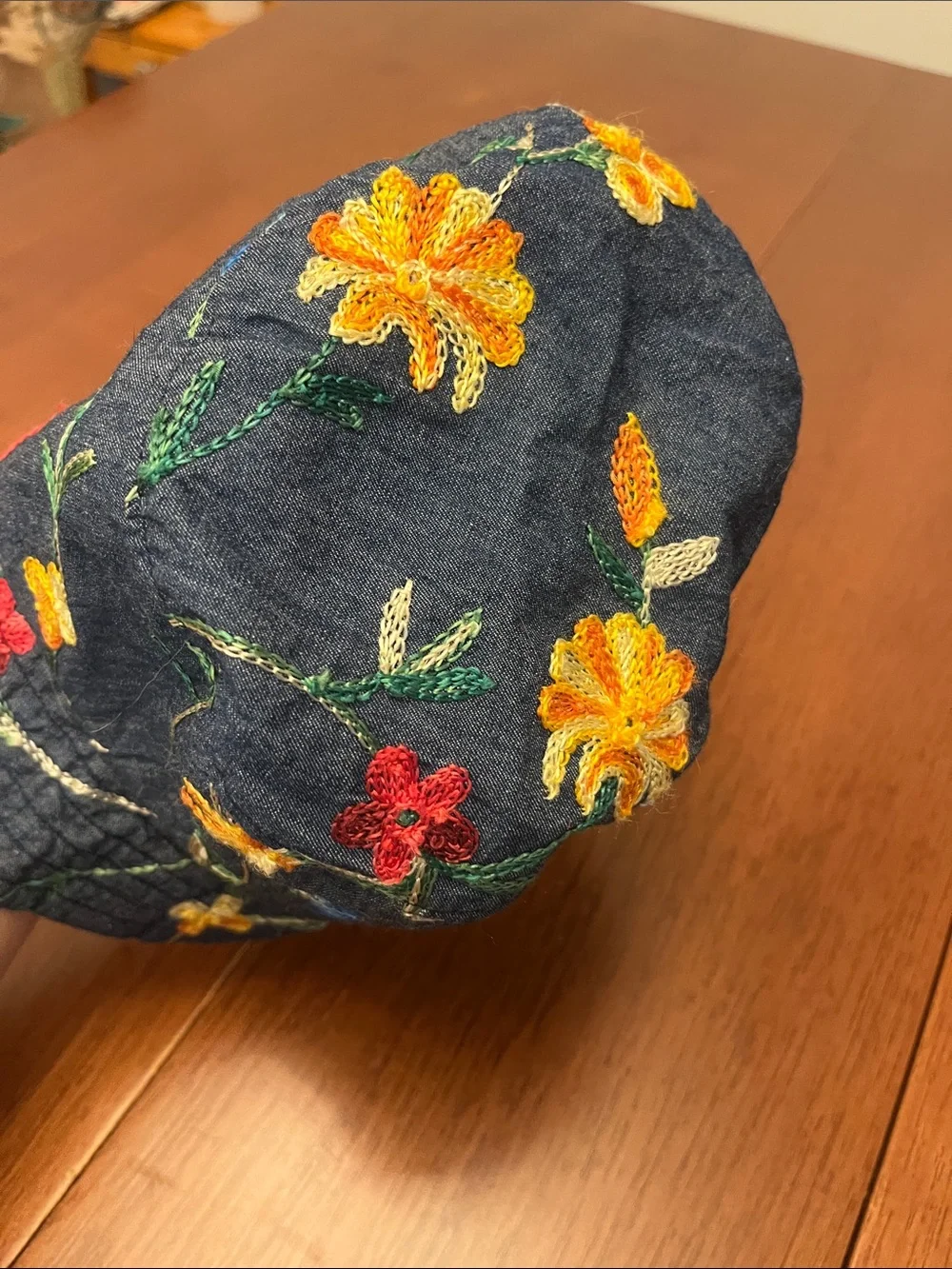 Embroidered Floral Denim Bucket Hat - Navy reversible kids